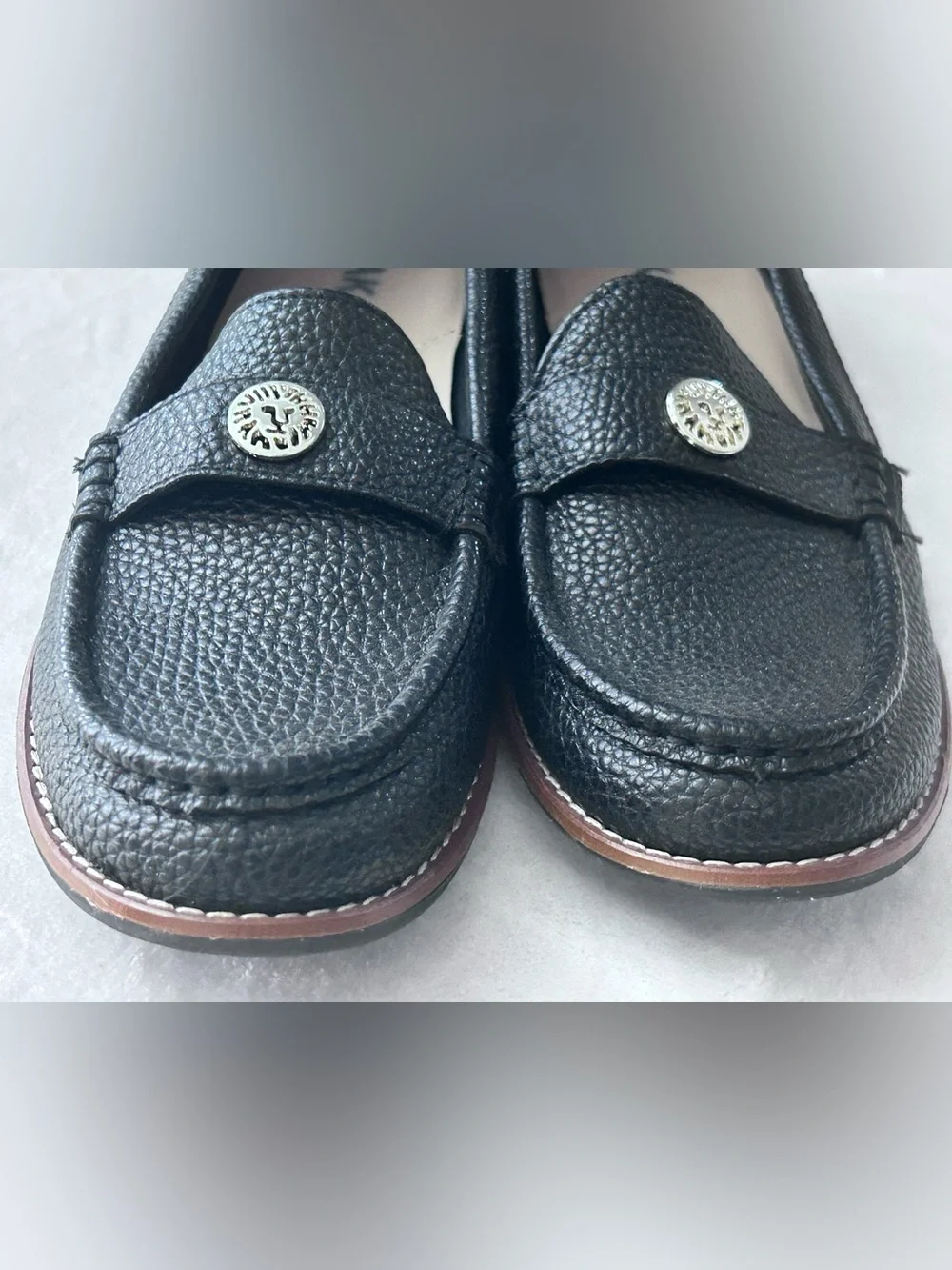 Anne Klein Women’s Black Pebbled Loafers with Silver Medallion Size 10